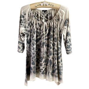 Womens Animal Print Elastic Scoop Neck Tie Front Top Size 3/4 Sleeve Size 1X